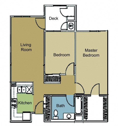 Floor plan for 2 beds, 1 bath, 980 sqft